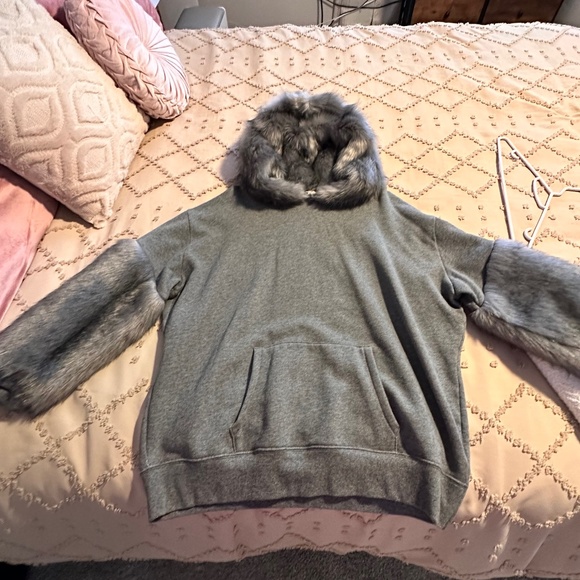 Express Tops - Grey Express Faux Fur Sweatshirt
